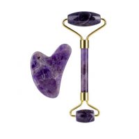 Liftingový masážní váleček Jade roller včetně GuaSha tvarovaného kamene - Ametyst, fialový