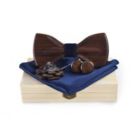 Set dřevěného motýlku, manžetových knoflíčků, brože a kapesníčku - Tmavý, 3D s tmavě modrým středem