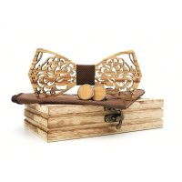Set dřevěného motýlku, kapesníčku a manžetových knoflíčků - Květinový, hnědý