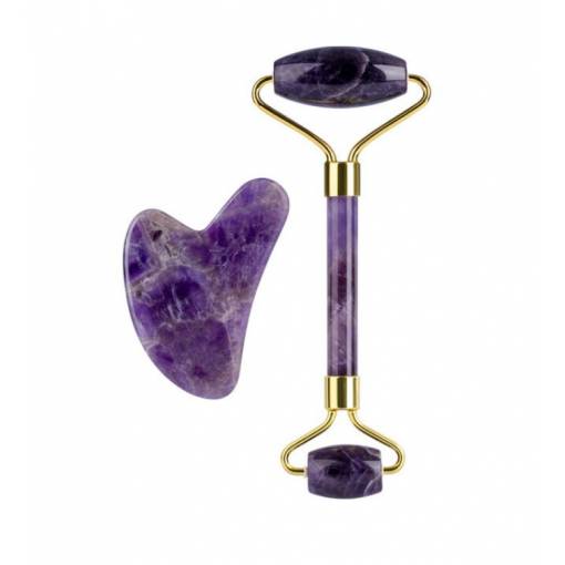 Foto - Liftingový masážní váleček Jade roller včetně GuaSha tvarovaného kamene - Ametyst, fialový