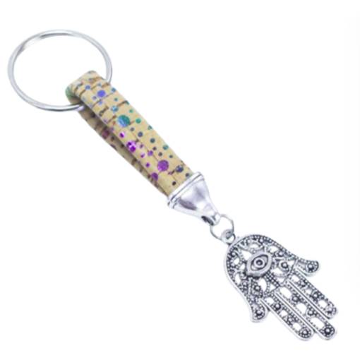 Foto - Korkový přívěsek na klíče, Ruka Fátimy - Natural s puntíky