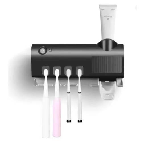 Foto - Nástěnný držák na zubní kartáčky s UV světlem a dávkovačem zubní pasty - Černý