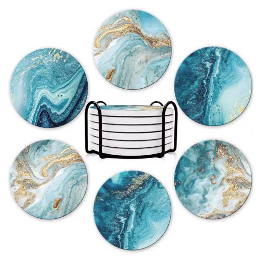 Foto - Keramické podtácky se stojanem – Modrý mramor, 6 ks