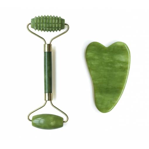 Foto - Liftingový masážní váleček Jade roller včetně GuaSha tvarovaného kamene - Zelený